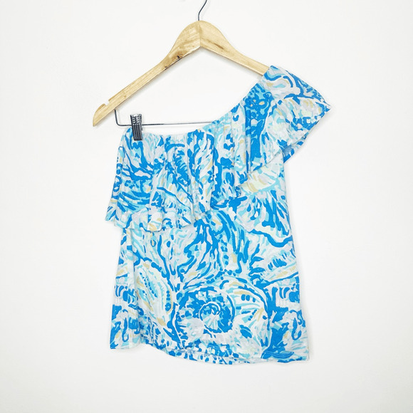 LILLY PULITZER Matteo Bennet Blue Salty Seas One Shoulder Top ruffle womens XXS - Picture 2 of 7